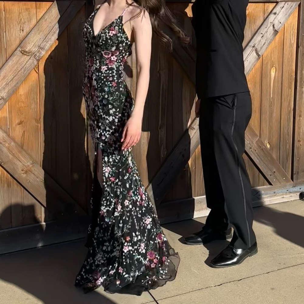 Black Prom Dress - Beaded Floral Gown